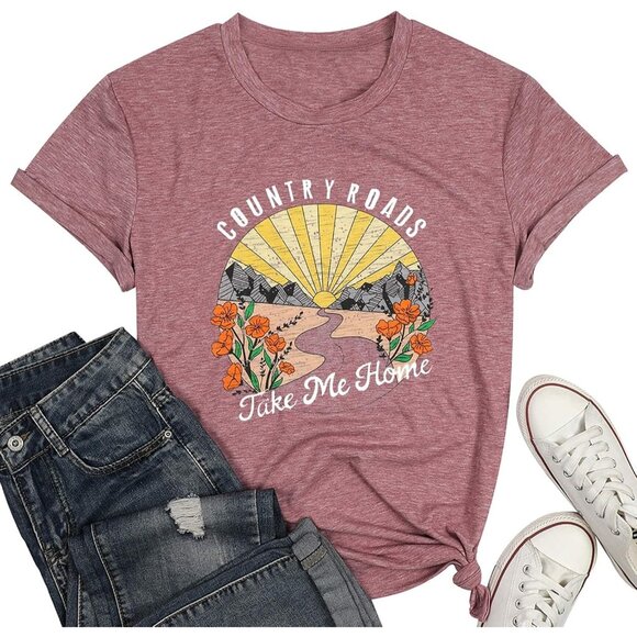 🆕 Women Pink Country Roads Take Me Home Top Short Sleeve Graphic Tees T Shirts - Picture 1 of 5
